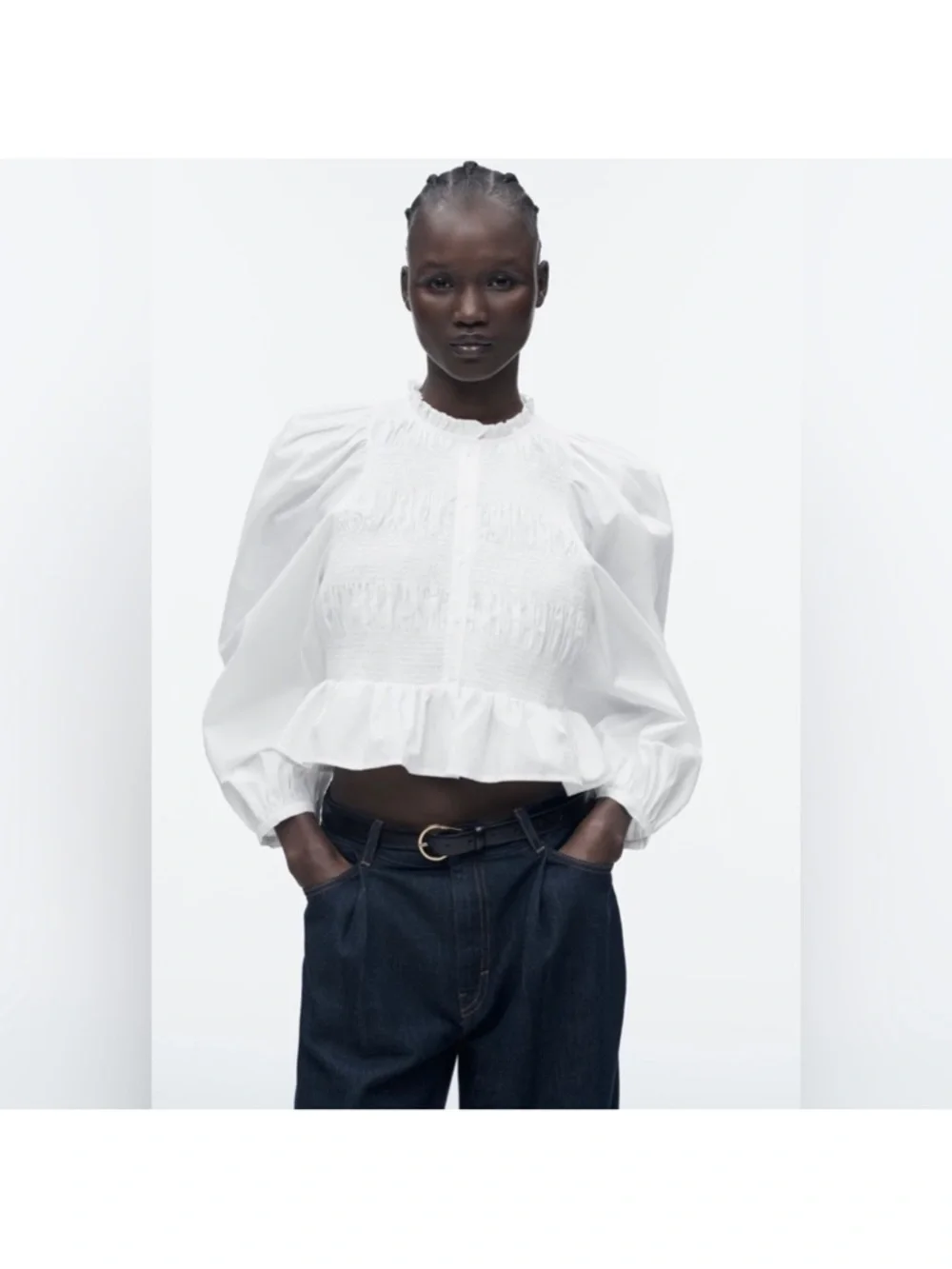 Zara White Smocked Ruffle Hem Puff Sleeve Blouse